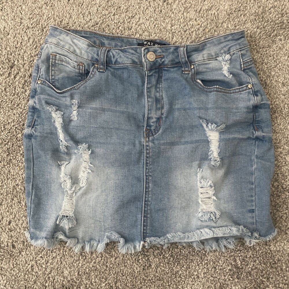 WAX Jean Los Angeles Women’s Blue Distressed Fringe Denim Mini Skirt Size L Top
